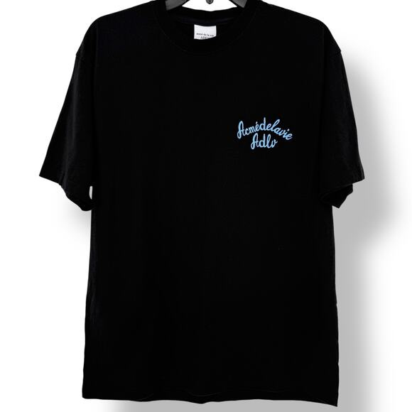 Acme de la vie ADLV Embroidered T Shirt Mens Size 1 Large Black Blue Front Back - Picture 1 of 9